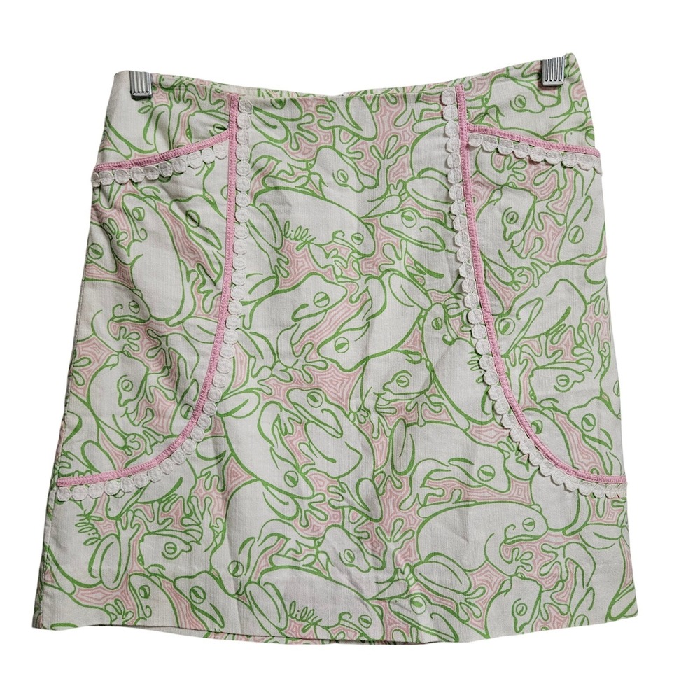 Lilly Pulitzer Mini Skirt Womens 2 White Green Frog Print A-Line Resortwear VTG*